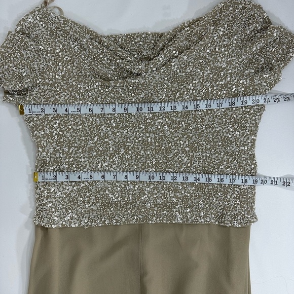 J Kara  formal sequin flutter sleeve bodice chiffon gown champagne size 16 - Picture 10 of 13